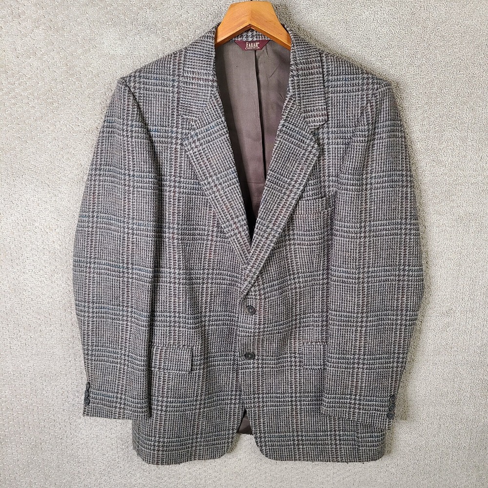 Vintage Farah Jacket Mens 43L Brown Blue Red Plaid Tweed Blazer 2‎ Button Coat